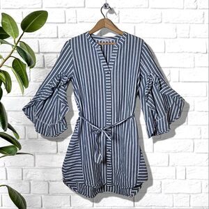 Given Kale Pinstripe Ruffle Split Bell Sleeve Waist Tie Tunic